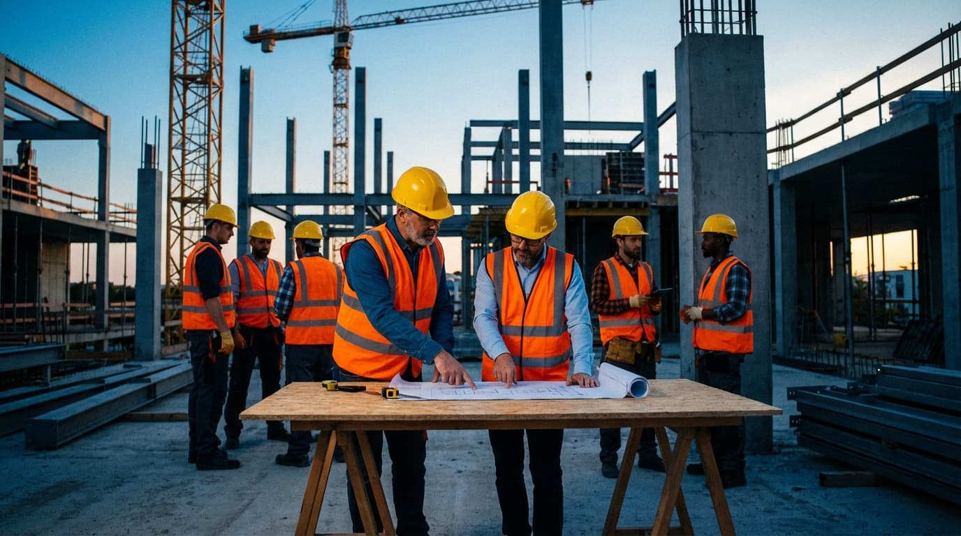 Trabajadores de construcción revisando planos con equipos de seguridad